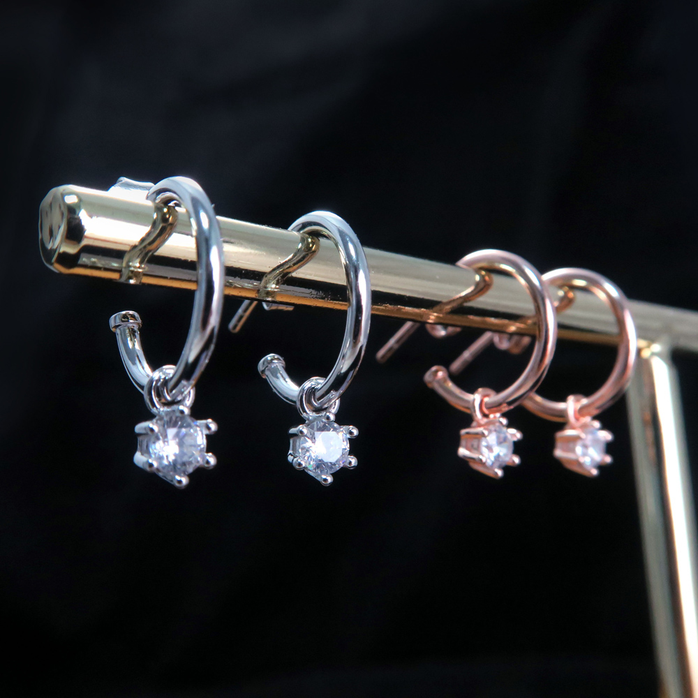 彎彎月兒勾垂墬小鑽 純銀耳環 (2色可選-白K金/玫瑰金)