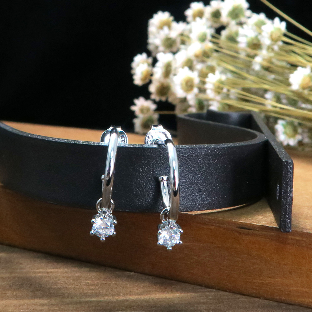 彎彎月兒勾垂墬小鑽 純銀耳環 (2色可選-白K金/玫瑰金)