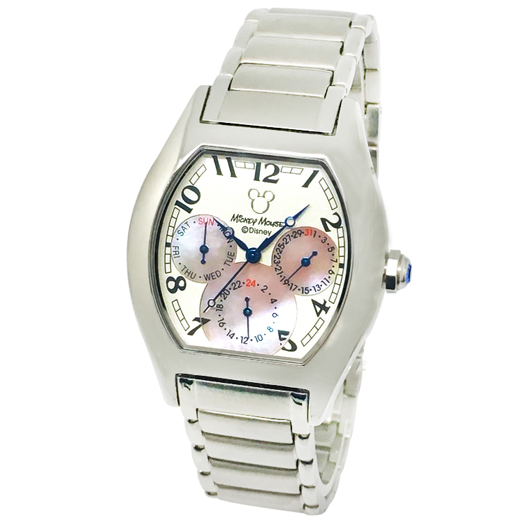 【迪士尼】酒桶型三眼鋼帶錶(白)