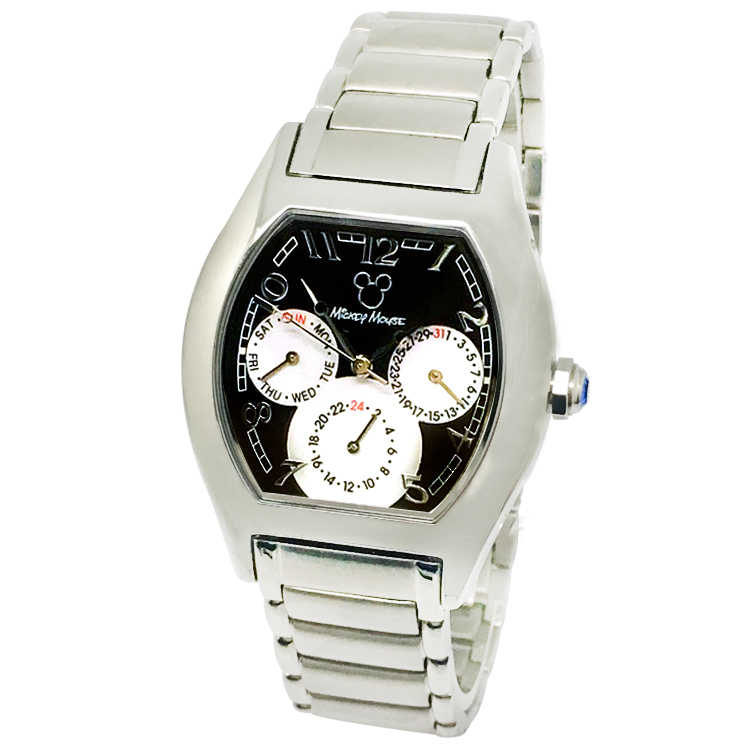 【迪士尼】酒桶型三眼鋼帶錶(黑)