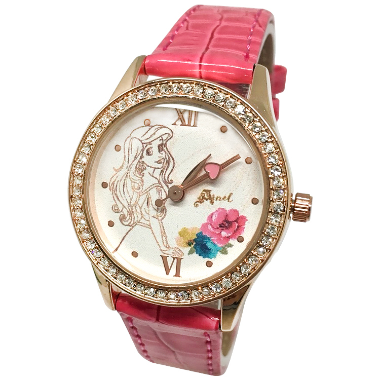 【迪士尼】玫瑰金水晶鑽精緻腕錶-美人魚愛麗兒