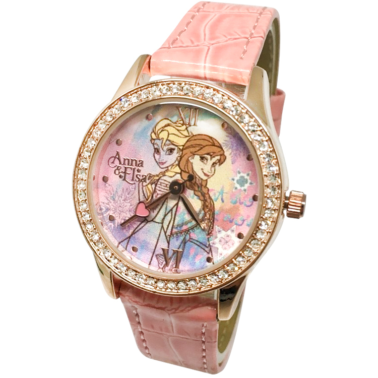 【迪士尼】玫瑰金水晶鑽精緻腕錶-冰雪奇緣艾莎與安娜