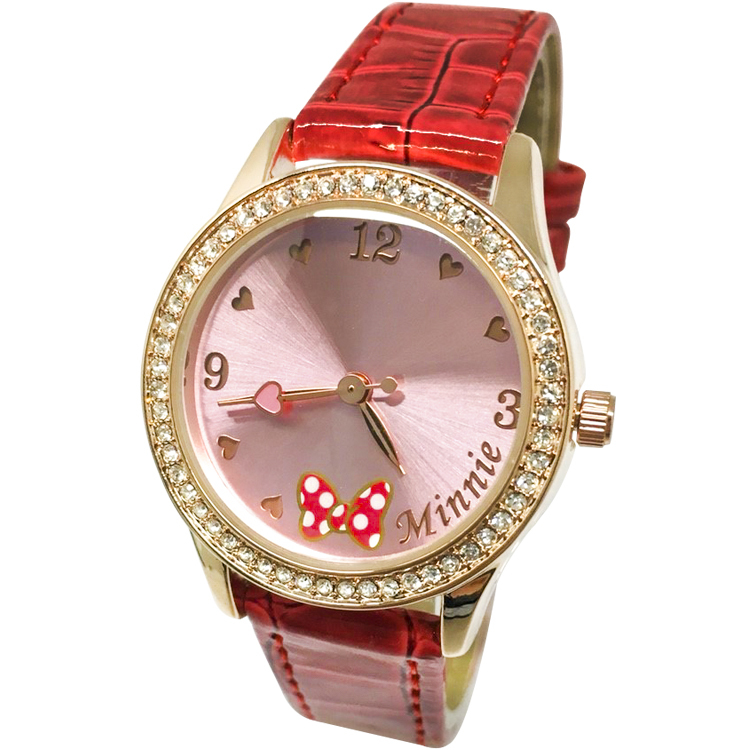 【迪士尼】玫瑰金水晶鑽精緻腕錶-蝴蝶結米妮