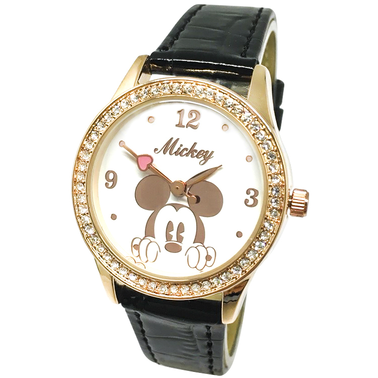 【迪士尼】玫瑰金水晶鑽精緻腕錶-酷黑米奇