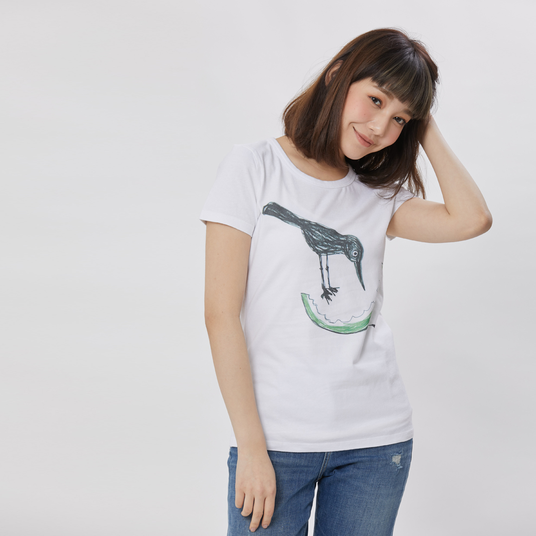 小鳥吃西瓜 短袖 蜜桃棉 女T 純白