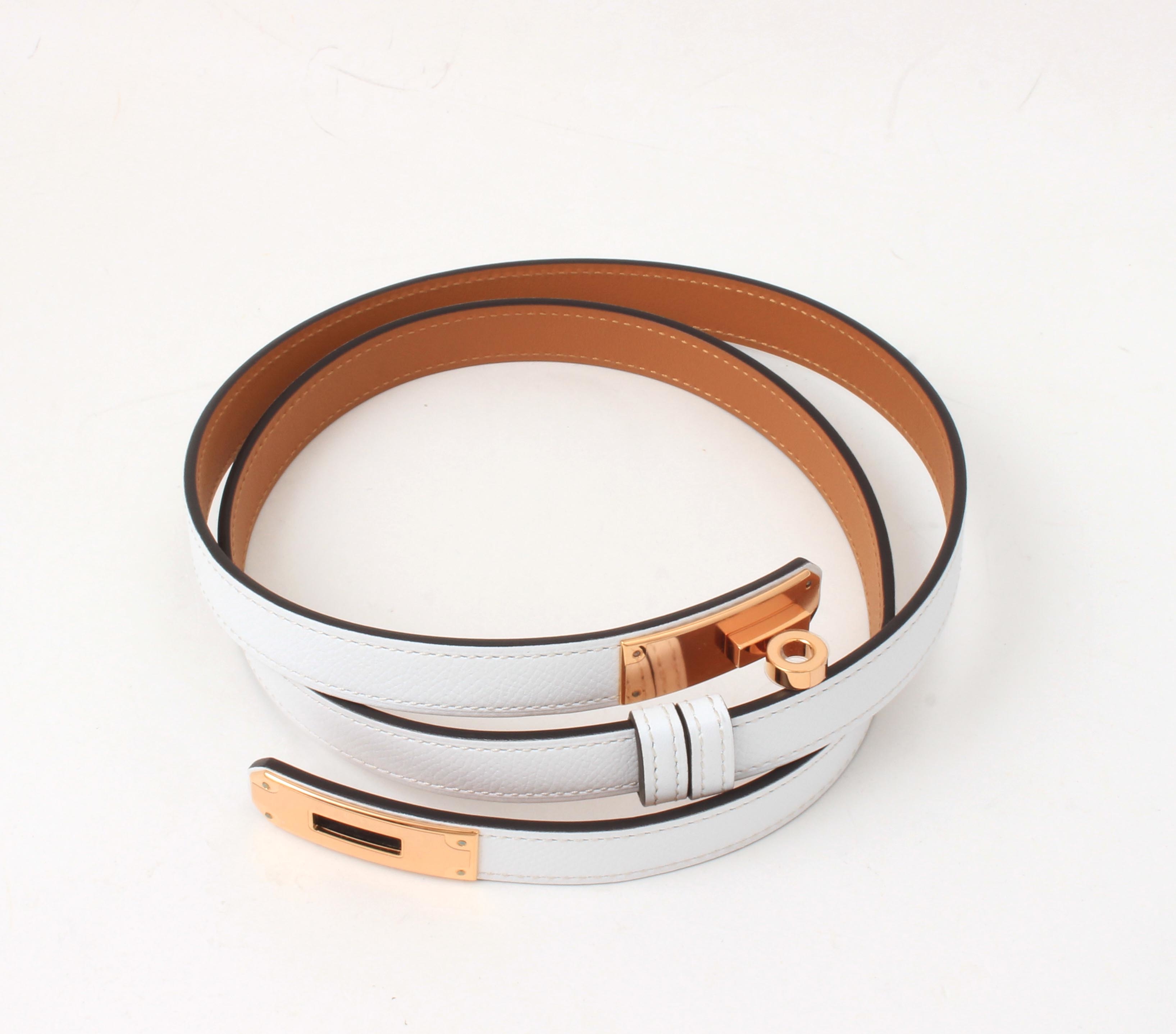 全新HERMES皮帶 KELLY BELT 白色/金棕色玫瑰金扣 H069853CD 01 18mm Epsom皮 #BRAND NEW #香榭站正品