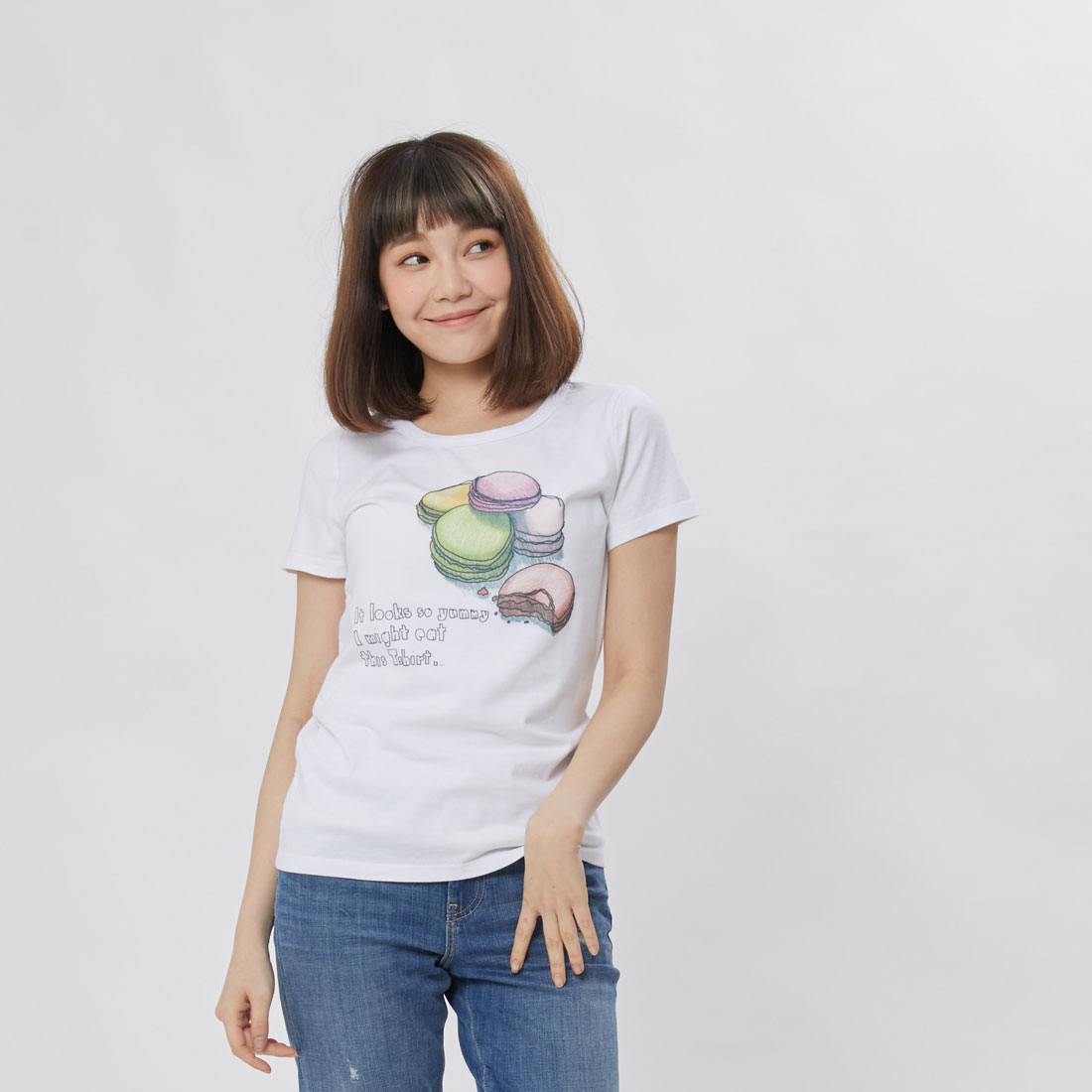 馬卡龍好吃 短袖 蜜桃棉 女T 戀人白