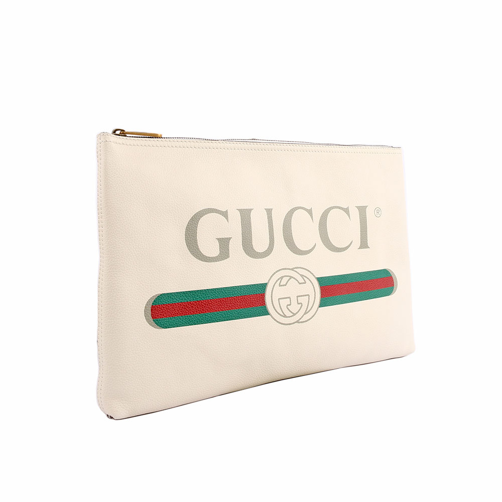 【GUCCI】LOGO CLUTCH小牛皮復古綠紅綠手拿包(白色)50098 40GCAT 8820