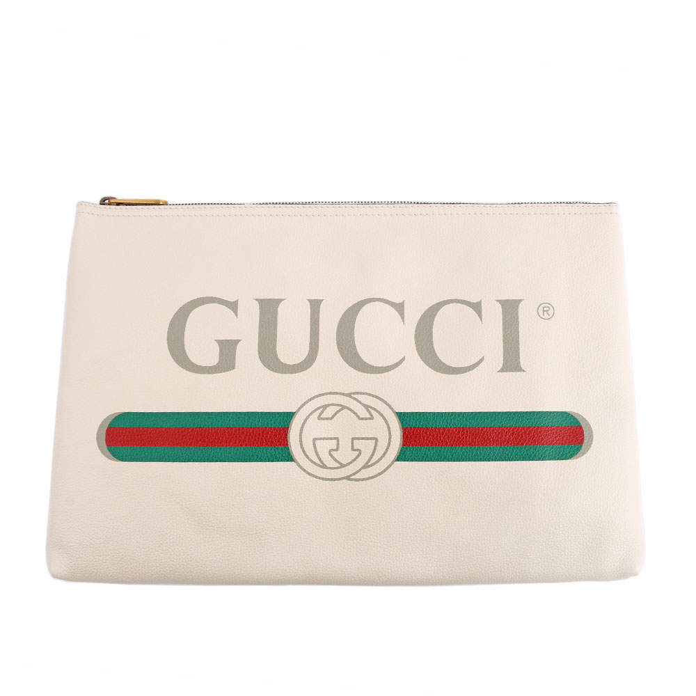 【GUCCI】LOGO CLUTCH小牛皮復古綠紅綠手拿包(白色)50098 40GCAT 8820