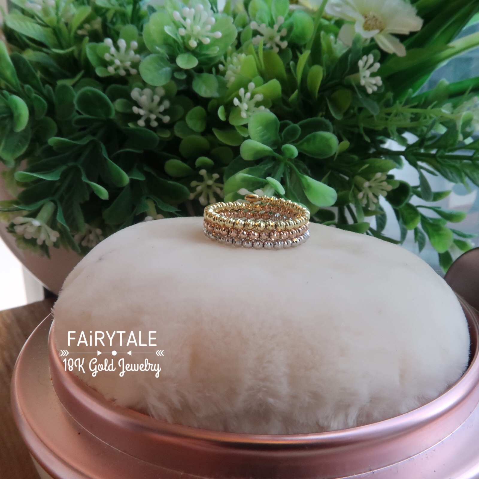 18K三色金鐳射珠彈力戒指