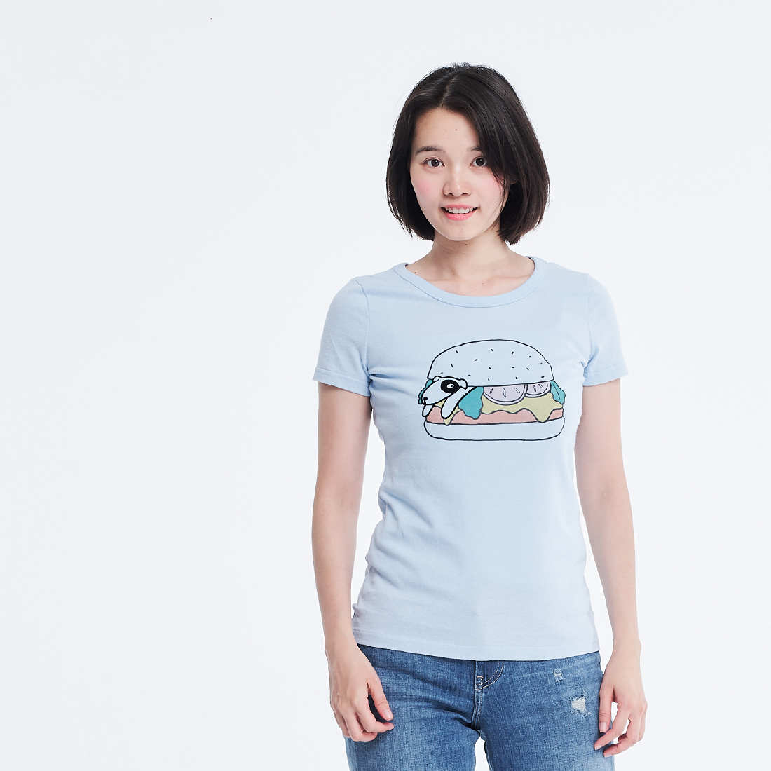 狗啃大漢堡 短袖 蜜桃棉 女T 水藍色