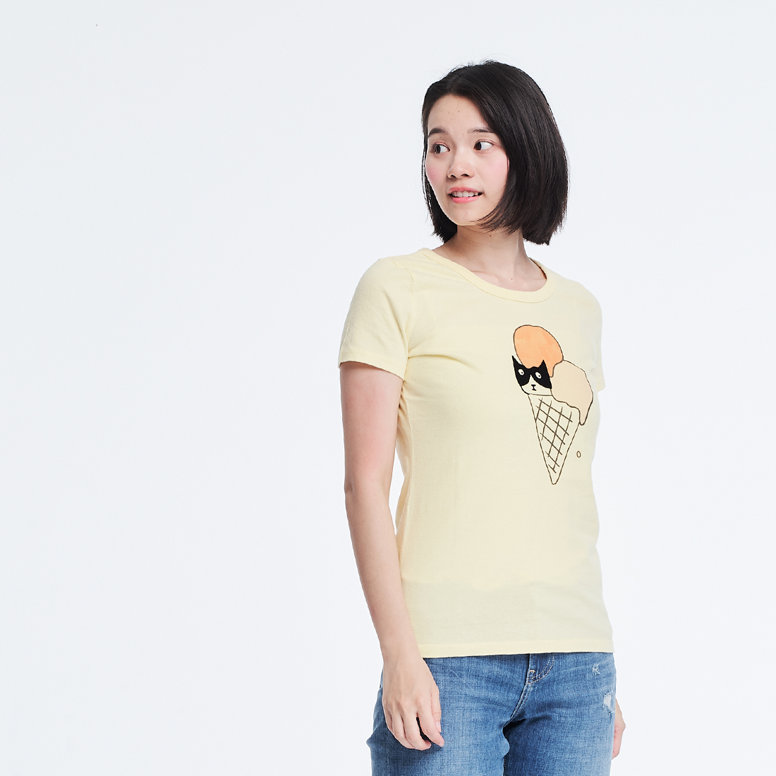 貓躲冰淇淋 短袖 蜜桃棉 女T 鵝黃色