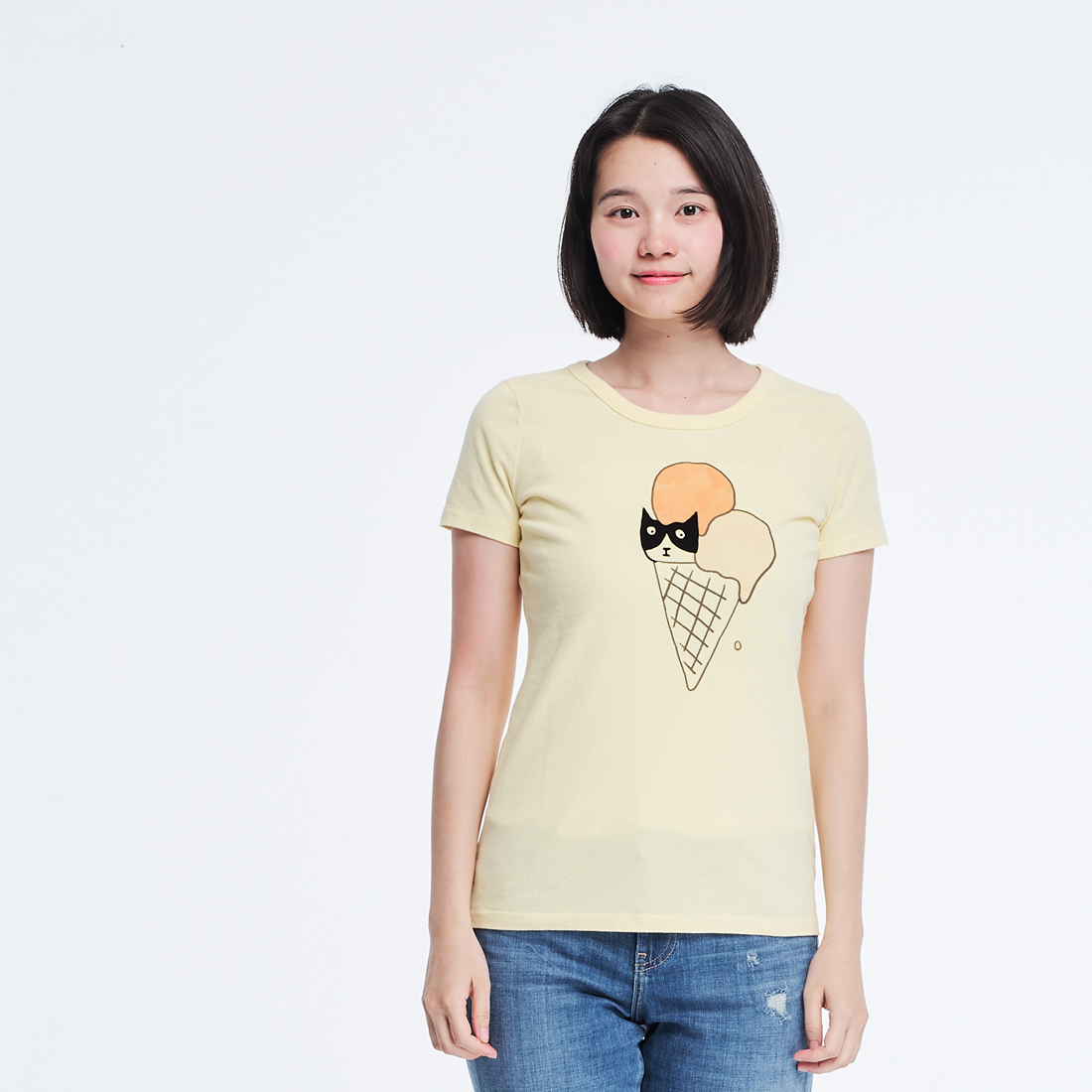 貓躲冰淇淋 短袖 蜜桃棉 女T 鵝黃色