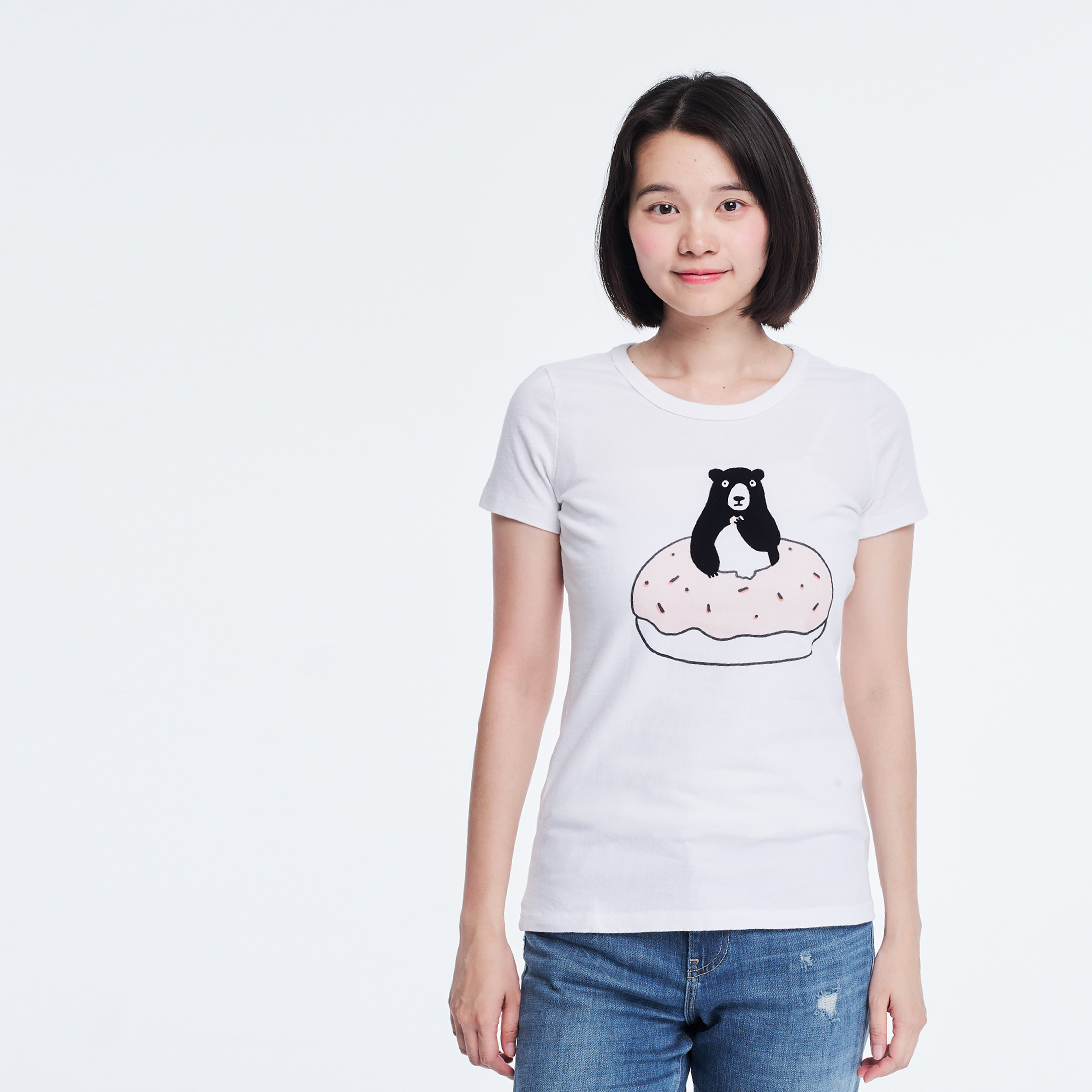 熊愛甜甜圈 短袖 蜜桃棉 女T 白色