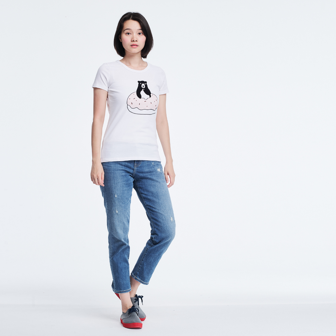 熊愛甜甜圈 短袖 蜜桃棉 女T 白色