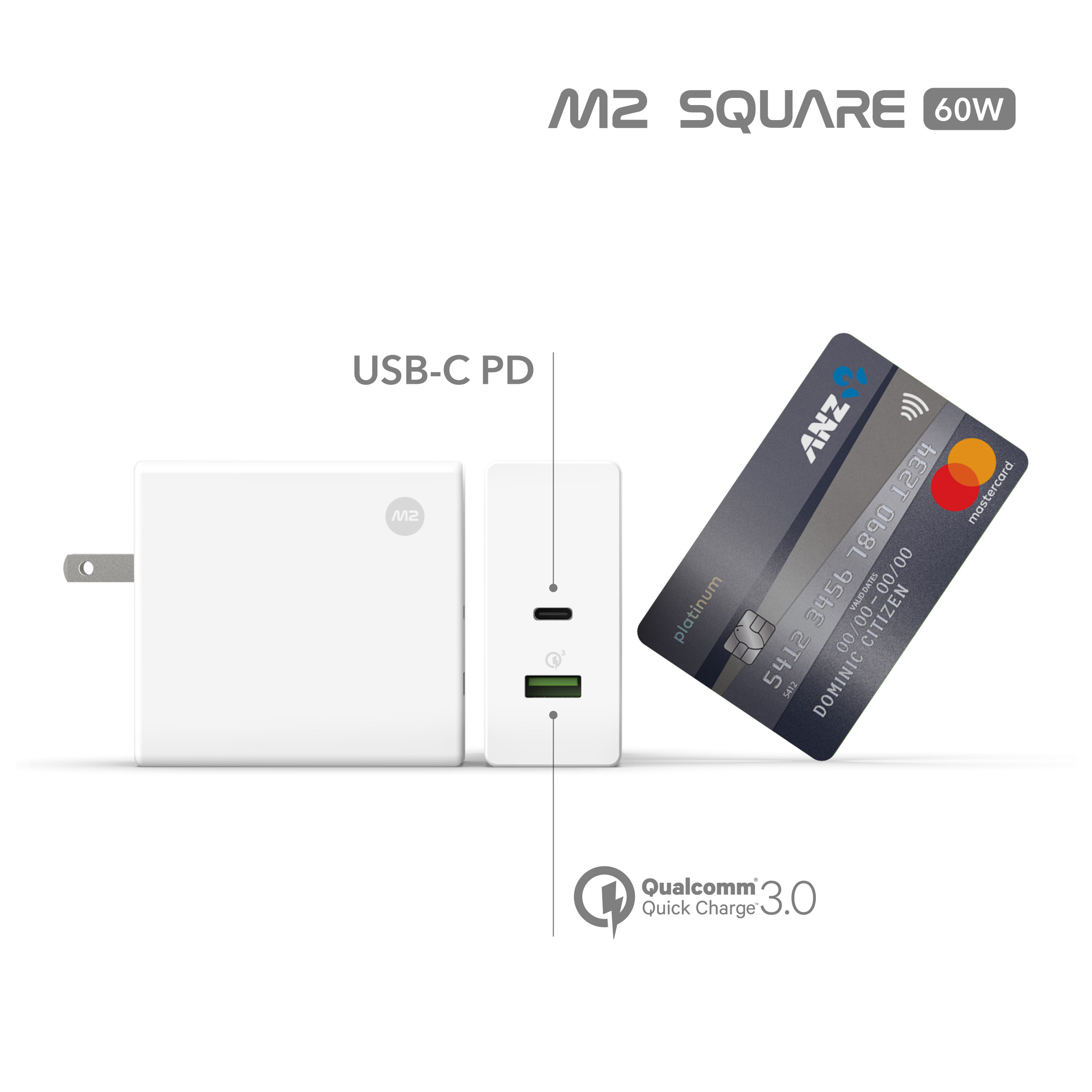 M2 Square 60W USB-C 快充充電器(PD+QC3.0)支援 MacBook Pro 充電 (加贈 USB C to USB C 公對公 80cm 充電/傳輸線 #官網限定)
