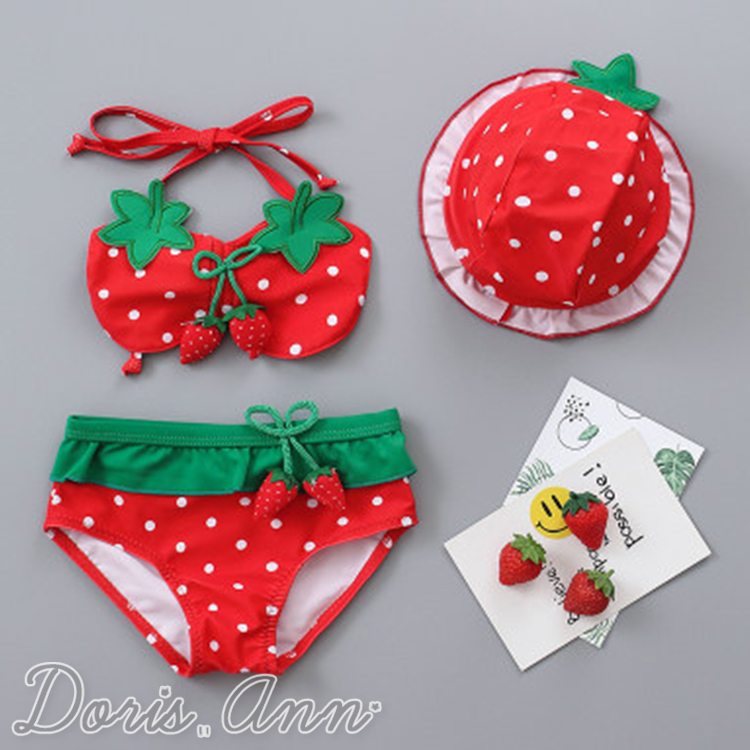 【現貨】SW17040可愛草莓女寶寶比基尼三件泳裝 附帽子