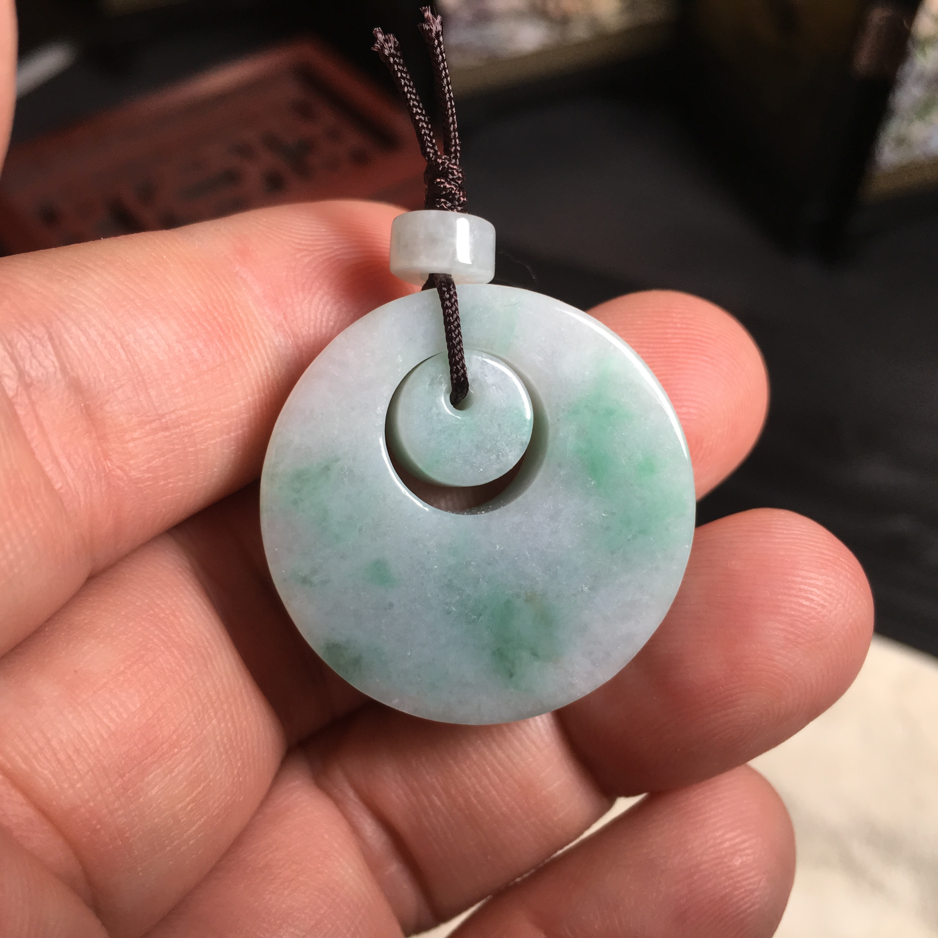 冰糯飄綠子母扣吊墜 (27.4mm直徑), 天然翡翠A玉, 緬甸玉, Jade, Jadeite