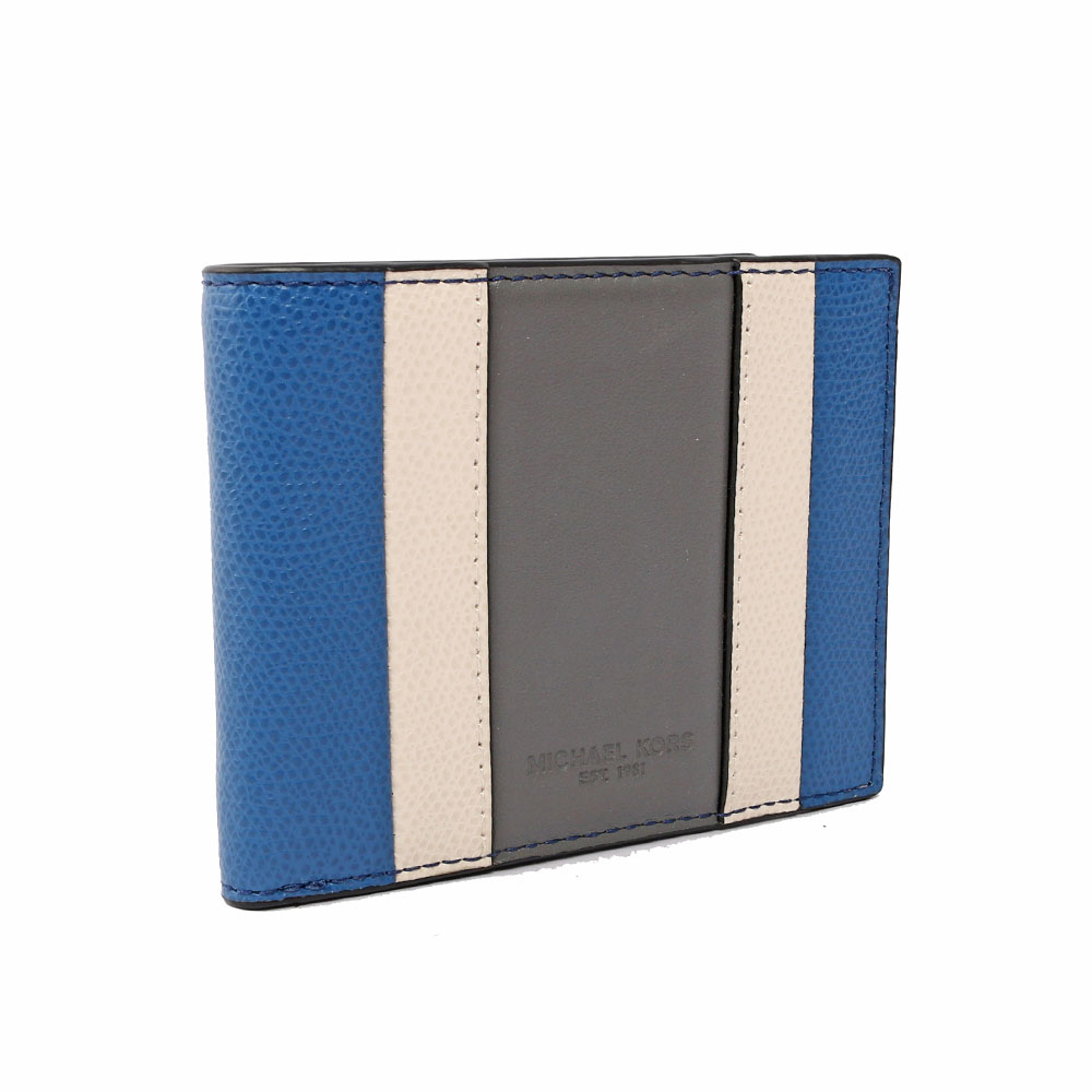 【MICHAEL KORS】防刮皮革拼色對開6卡短夾(藍/白/灰) 36T7LWRF5T SBL