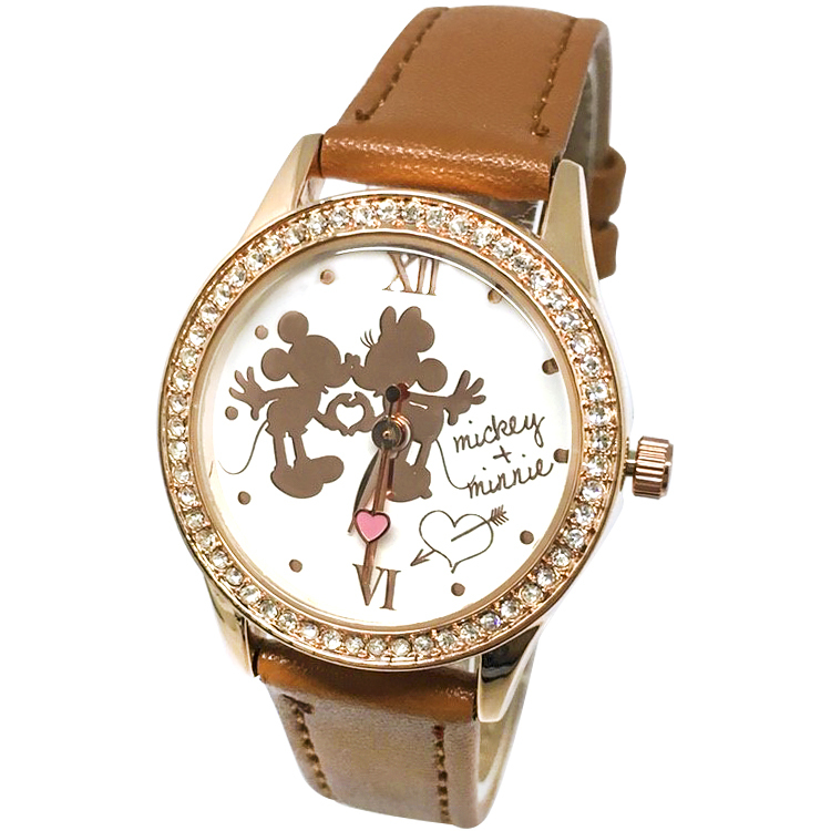 【迪士尼】玫瑰金水晶鑽精緻腕錶-純真年代米奇米妮