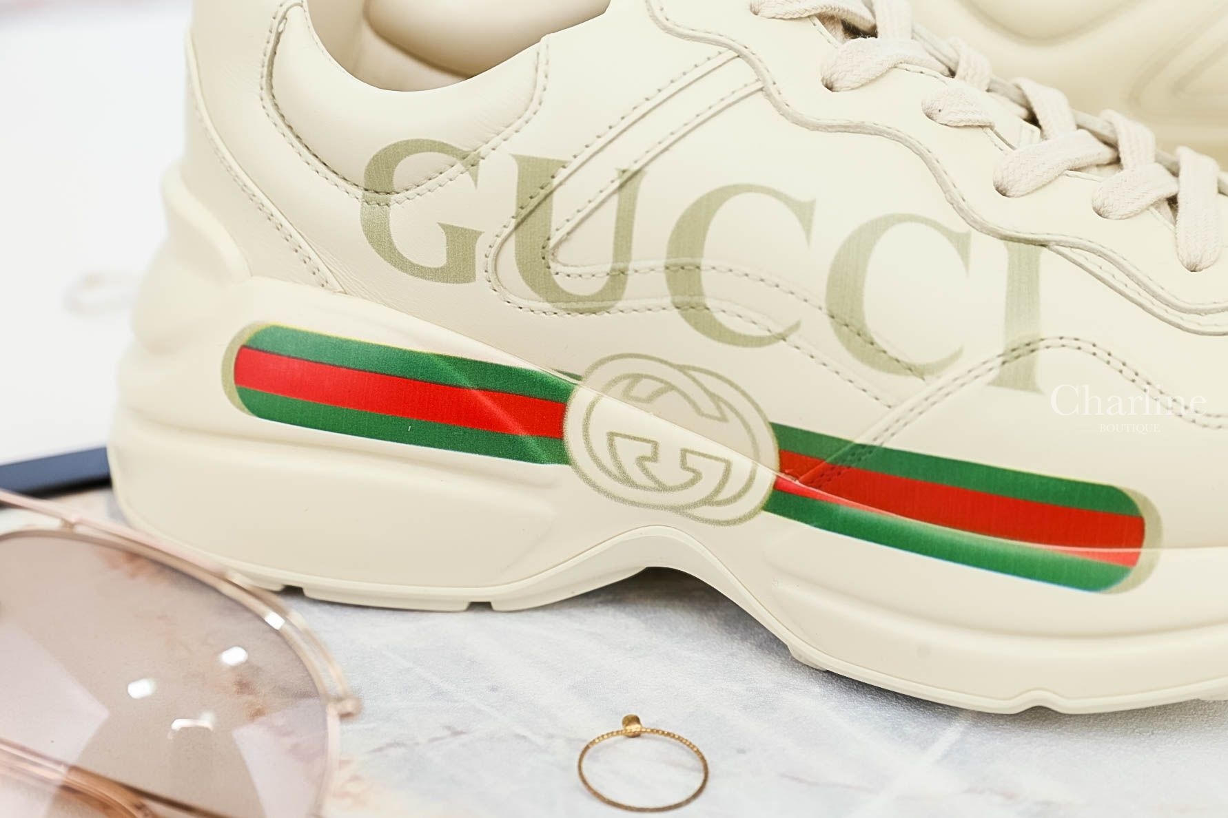 Gucci Rhyton Gucci logo Leather Sneaker 象牙白色GUCCI標誌復古運動鞋