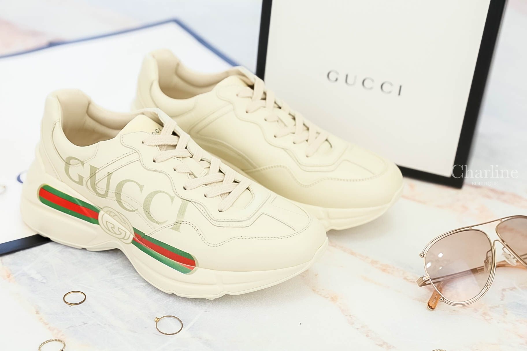 Gucci Rhyton Gucci logo Leather Sneaker 象牙白色GUCCI標誌復古運動鞋