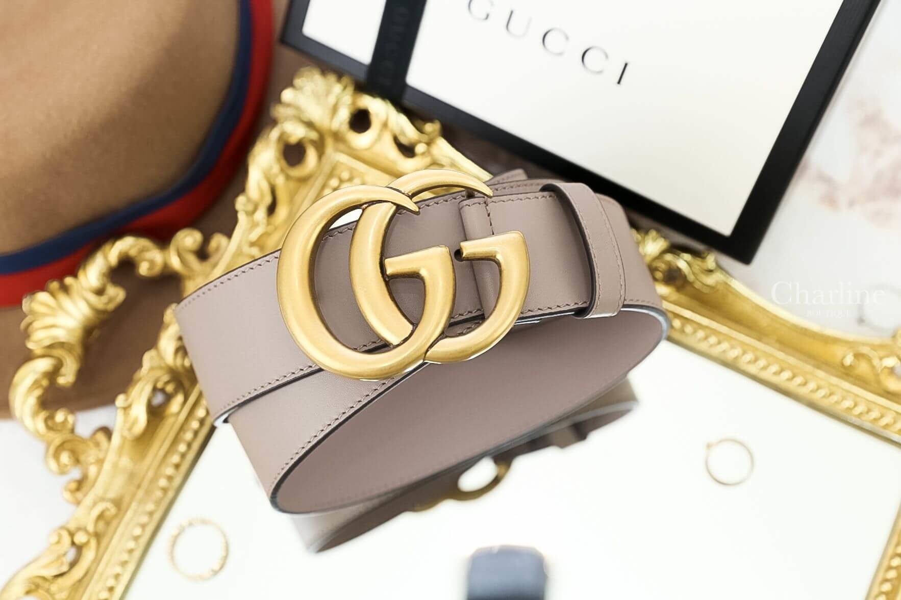 Gucci Leather belt with Double G buckle 粉色金GG Logo 4cm小牛皮皮帶