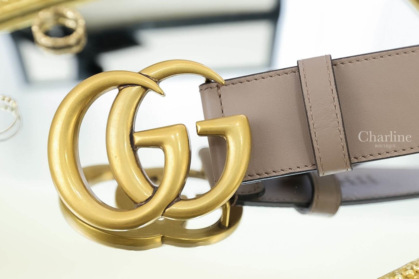 Gucci Leather belt with Double G buckle 粉色金GG Logo 4cm小牛皮皮帶