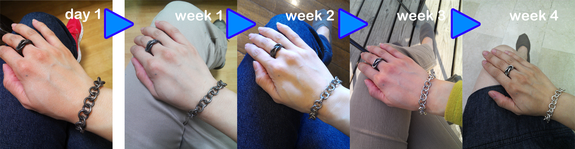 mittag小編穿戴銀飾泡溫泉後,銀飾持續穿戴4周後返回原貌,這是自體分泌的油脂所導致,因此常穿戴銀飾無需任何保養。