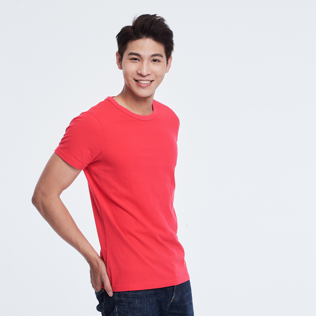 簡單素面短袖圓領蜜桃棉男T 桃紅色