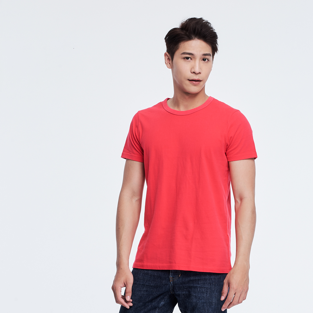 簡單素面短袖圓領蜜桃棉男T 桃紅色