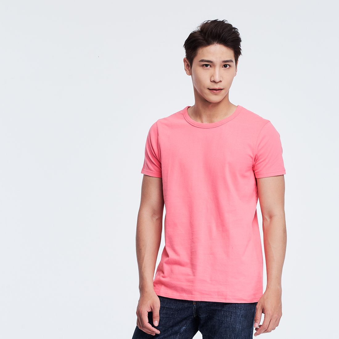 簡單素面短袖圓領蜜桃棉男T玫粉色