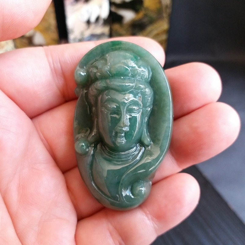 冰糯油綠立體觀音像吊墜, 天然翡翠A玉, 緬甸玉, Jade, Jadeite