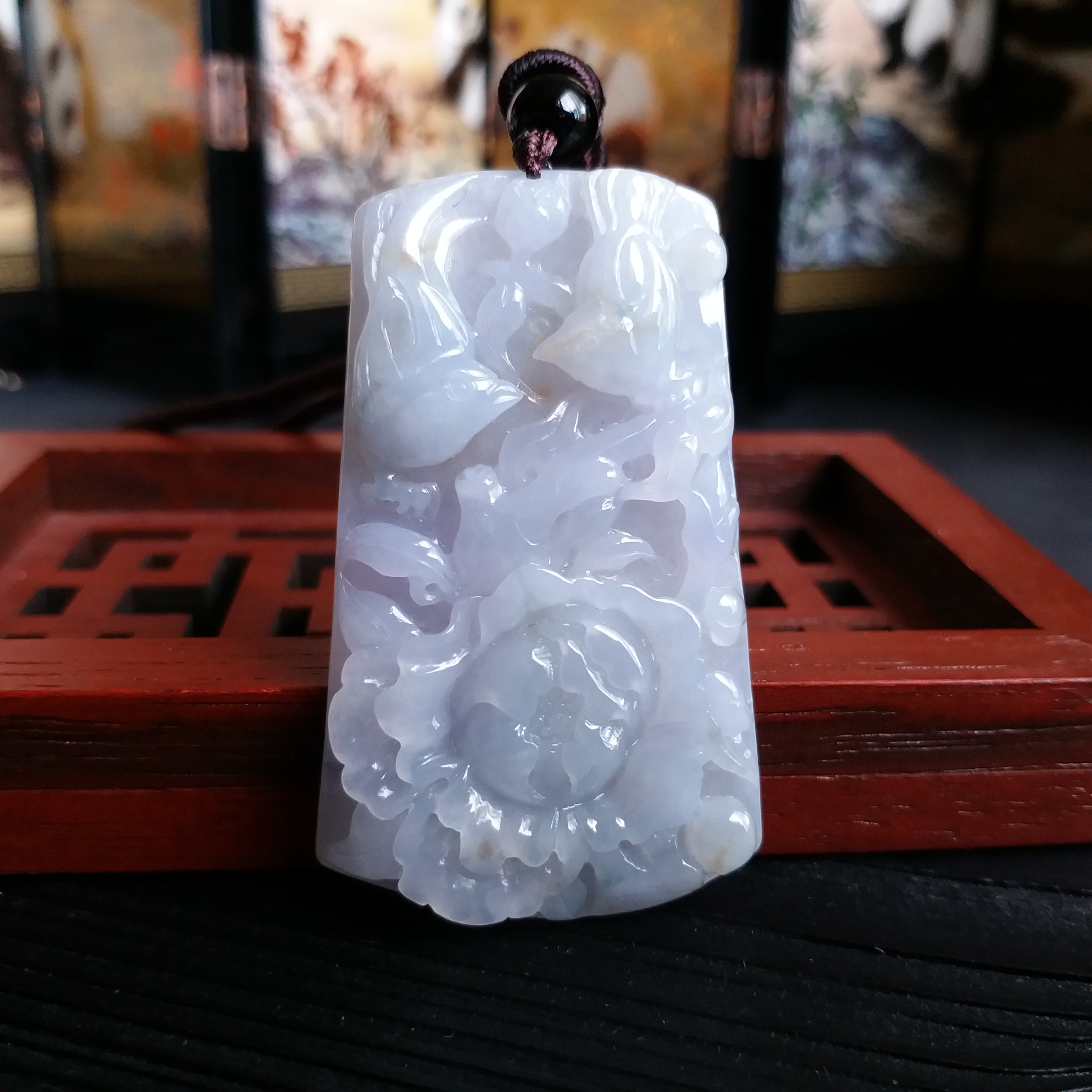 冰紫羅蘭喜上眉梢吊墜, 天然翡翠A玉, 緬甸玉, Jade, Jadeite