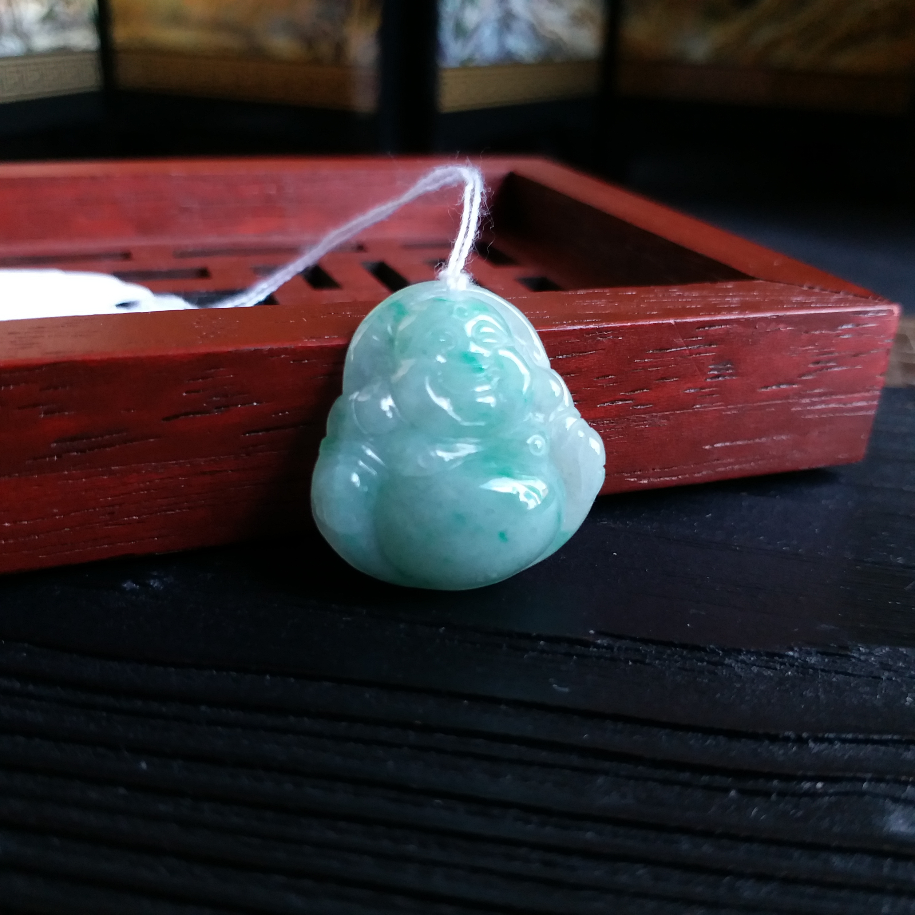 冰綠飄花小笑佛, 天然翡翠A玉, 緬甸玉, Jade, Jadeite