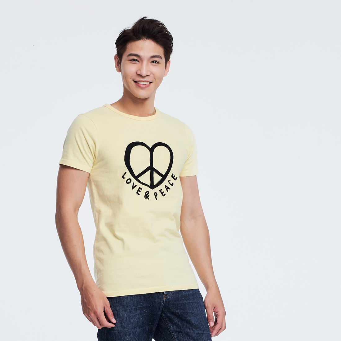 Love & Peace 短袖 蜜桃棉 男T 鵝黃