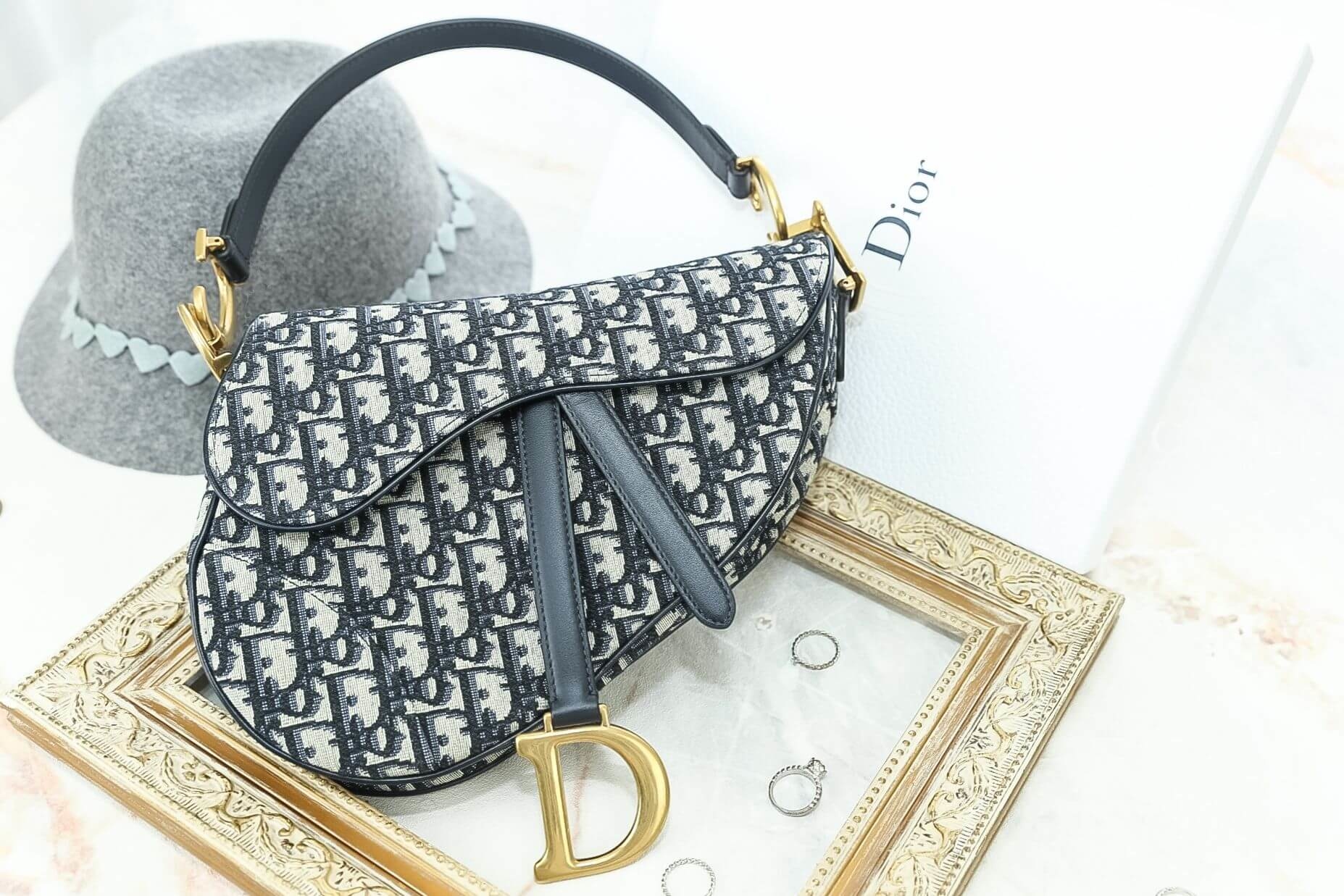 Dior Saddle Bag In Blue Canvas 復古老花小牛皮帆布翻蓋馬鞍包