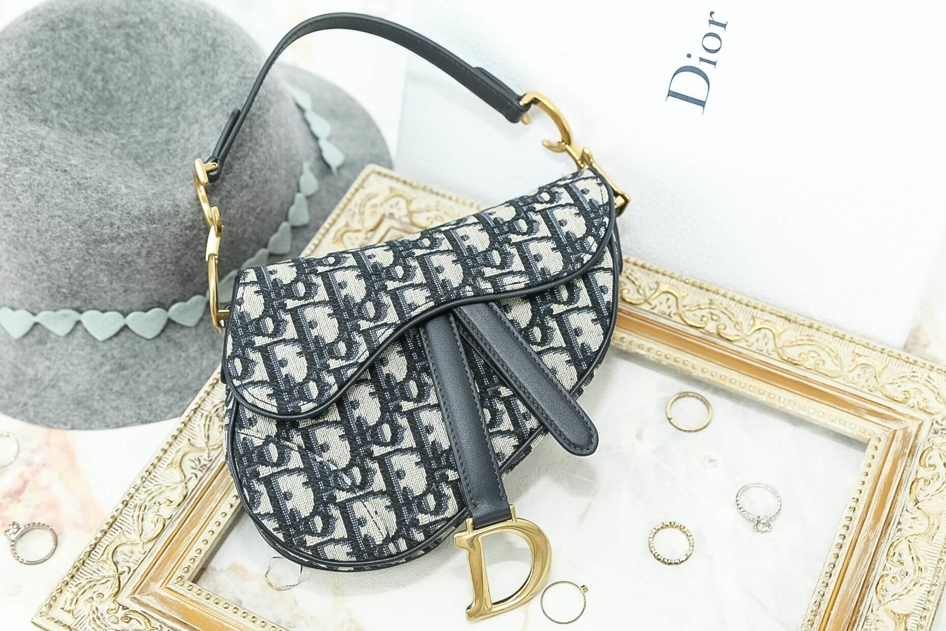 Dior Mini Saddle Bag In Blue Canvas 復古老花小牛皮帆布迷你翻蓋馬鞍包
