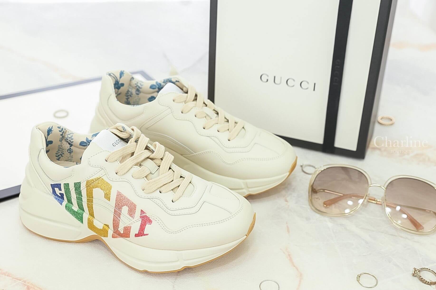 Gucci Rhyton Glitter Gucci Leather Sneaker 象牙白色GUCCI亮片標誌復古運動鞋