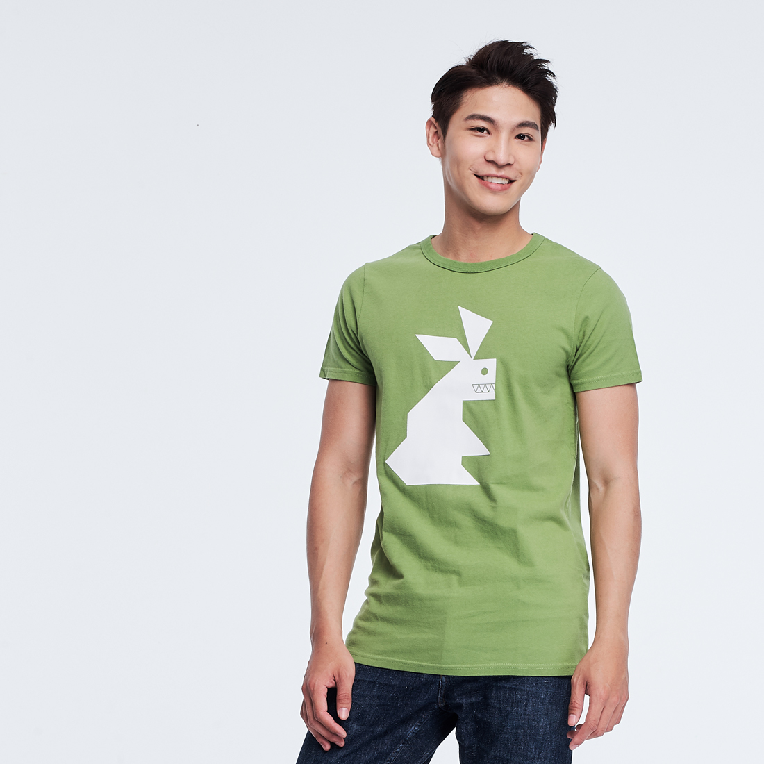 小白兔 短袖 蜜桃棉 男T 芥茉綠