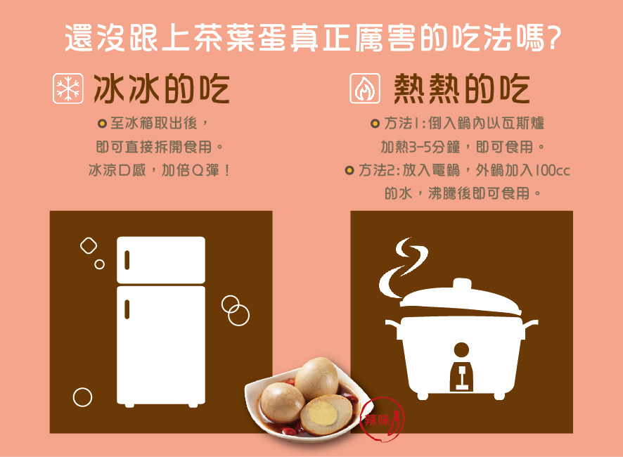 所長茶葉蛋-辣味茶葉蛋-獨創冰熱兩食吃法。冰吃，冰箱取出即食加倍Q彈；熱吃，到入鍋內以瓦斯爐加熱3-5分鐘，或電鍋放入100cc蒸至沸騰