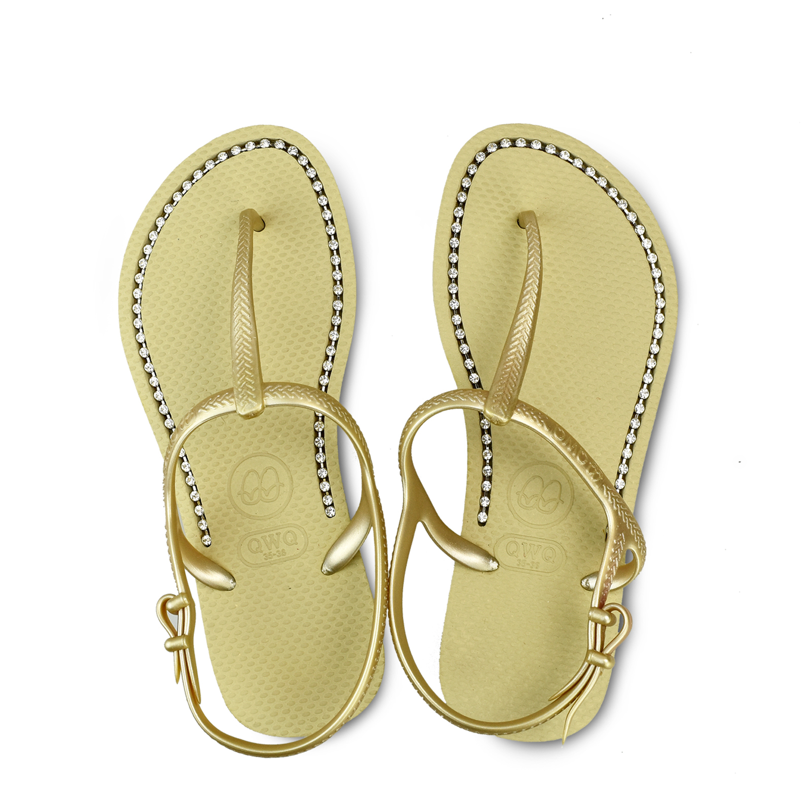 女款綁帶T字涼鞋 香檳金色 國際知名水鑽元素 腳型修長款