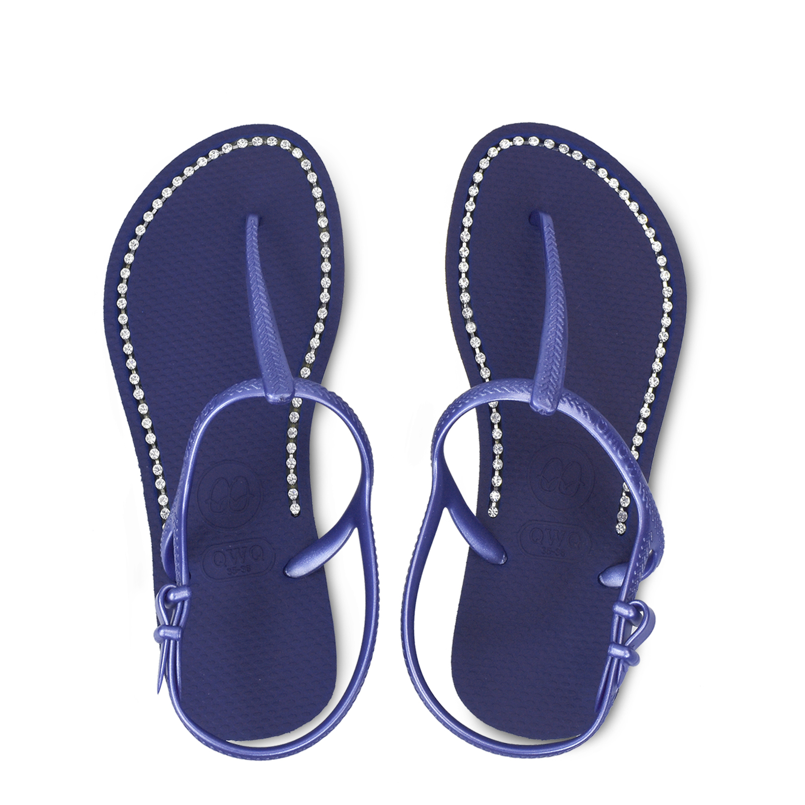 女款綁帶T字涼鞋 寶石藍色 國際知名水鑽元素 腳型修長款