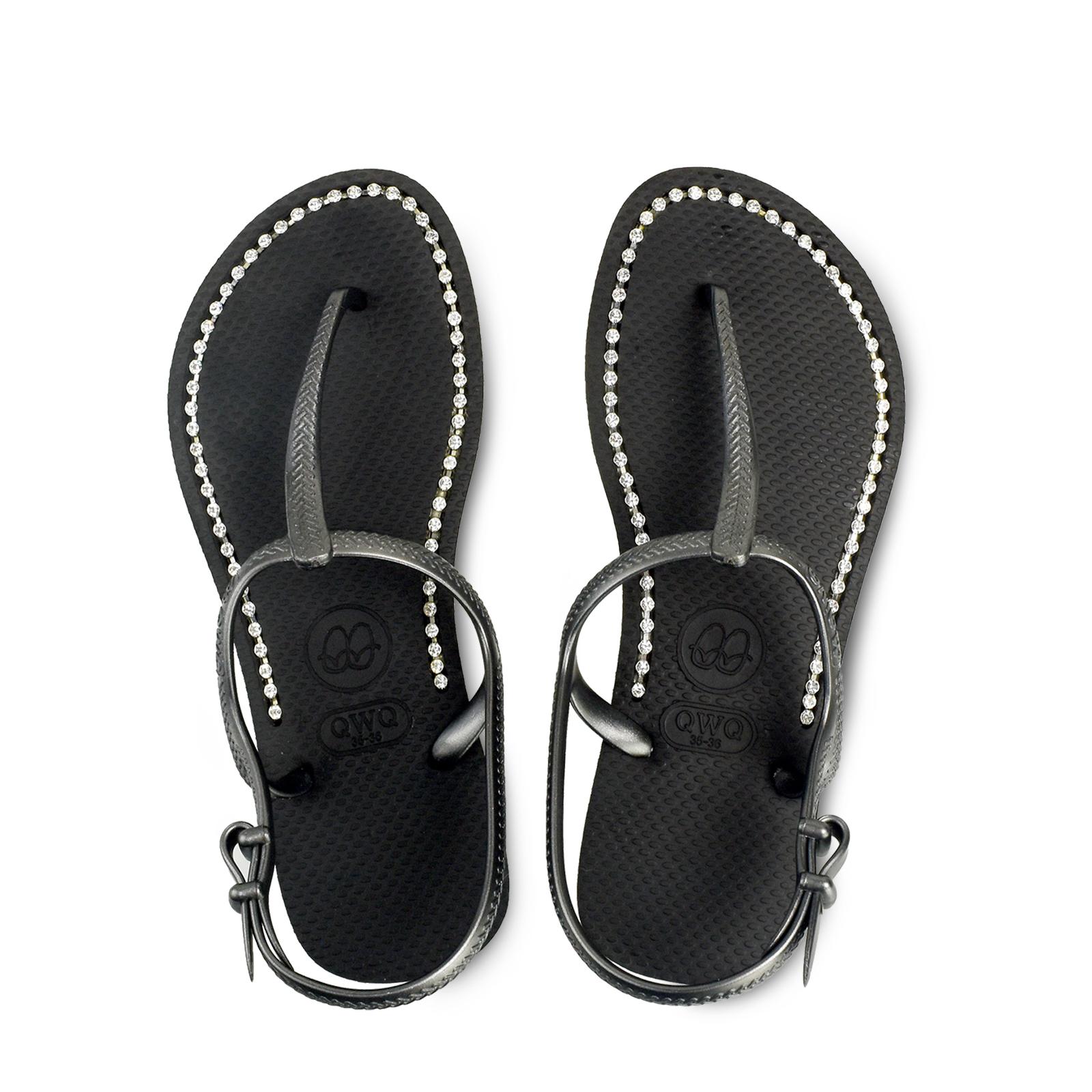 女款綁帶T字涼鞋 爵士黑色 國際知名水鑽元素 腳型修長款