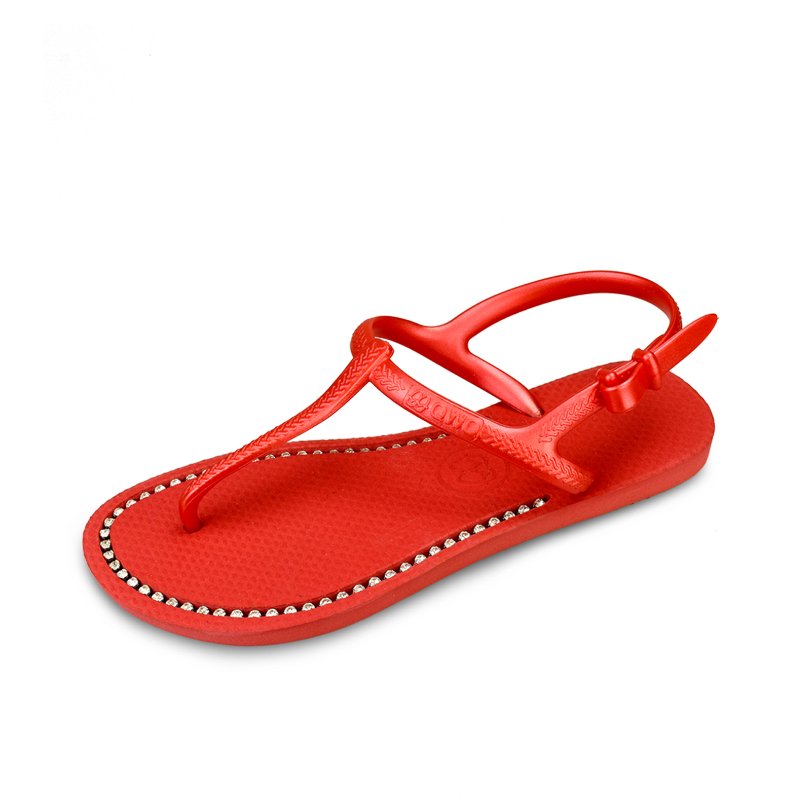 女款綁帶T字涼鞋 搖滾紅色 國際知名水鑽元素 腳型修長款