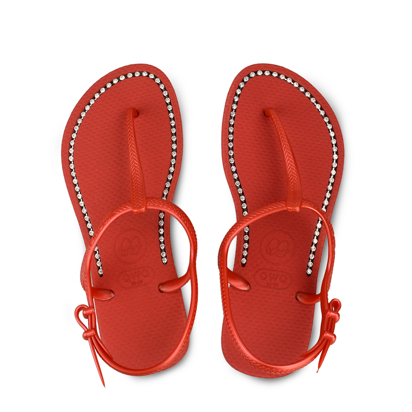 女款綁帶T字涼鞋 搖滾紅色 國際知名水鑽元素 腳型修長款