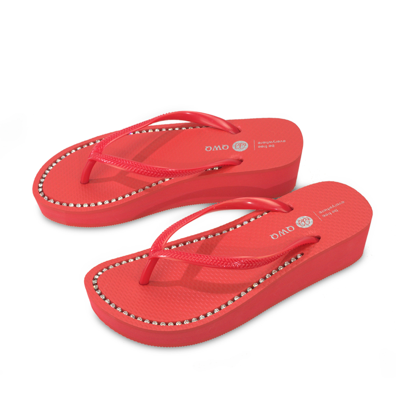 璀璨厚底拖鞋 女款小厚底3cm 國際知名水鑽元素 搖滾紅色