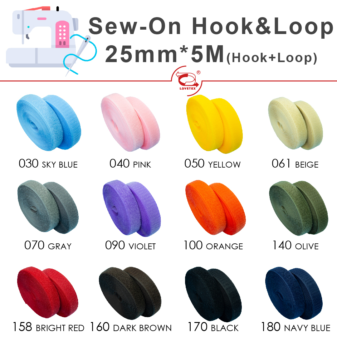 25mm(1") Width 5 Pair Meters Sew-On Hook and Loop Fastener Tape for 12 Colors