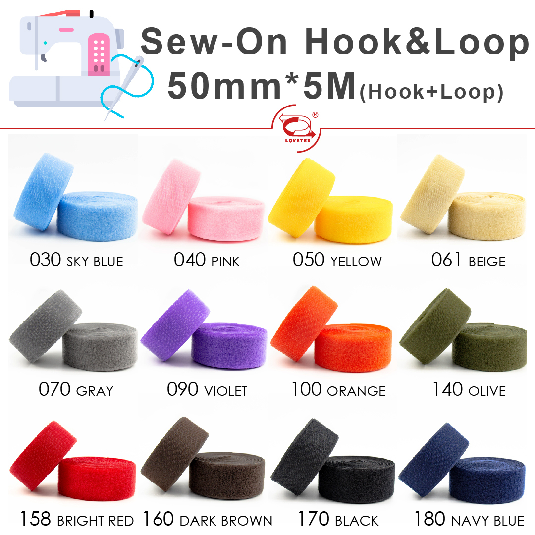 50mm(2") Width 5 Pair Meters Sew-On Hook and Loop Fastener Tape for 12 Colors