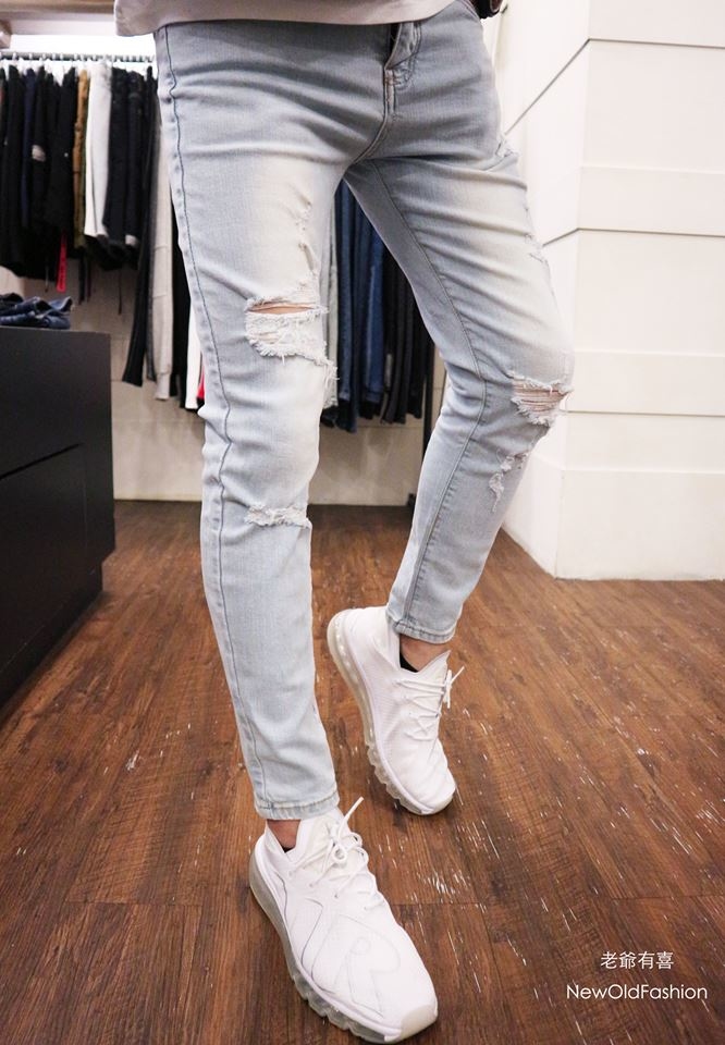 重磅淺刷白破壞貓鬚牛仔小直筒褲